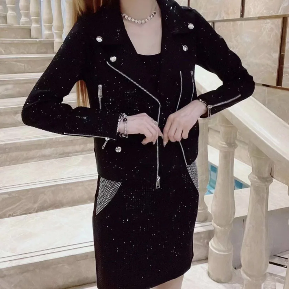Abito alla moda nuovo stile Set di due pezzi abito senza maniche con paillettes moda donna + giacca a maniche lunghe top Set di vestiti da donna