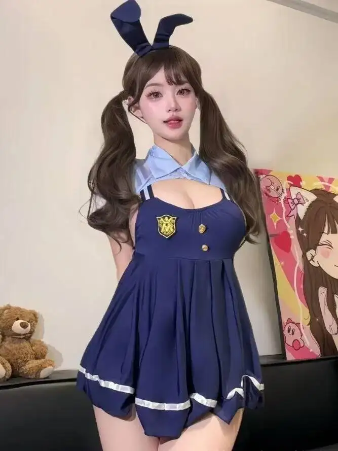 Sexy Cute Playful Bunny JK Pleated Strap Dress Bunny Girl Policewoman Uniform Backless Suspenders Sleeveless Button Dress XUVU