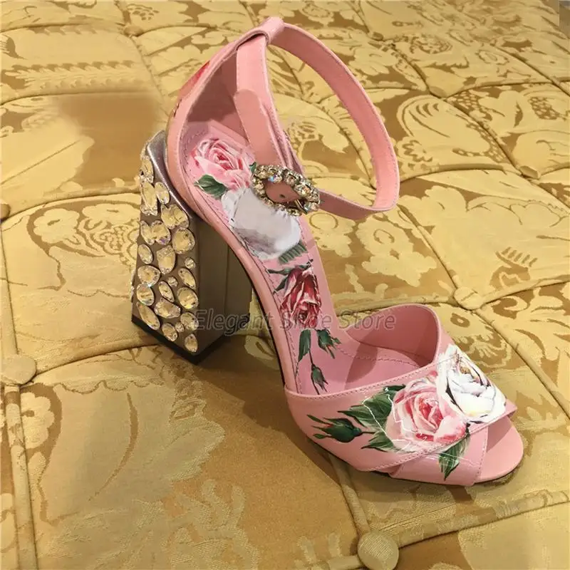 

Rhinestone Thick Heel Women Sandals Peep Toe Crystal Ankle Buckle High Heels Summer New Fashion Party Rose Print Mary Jane Shoes