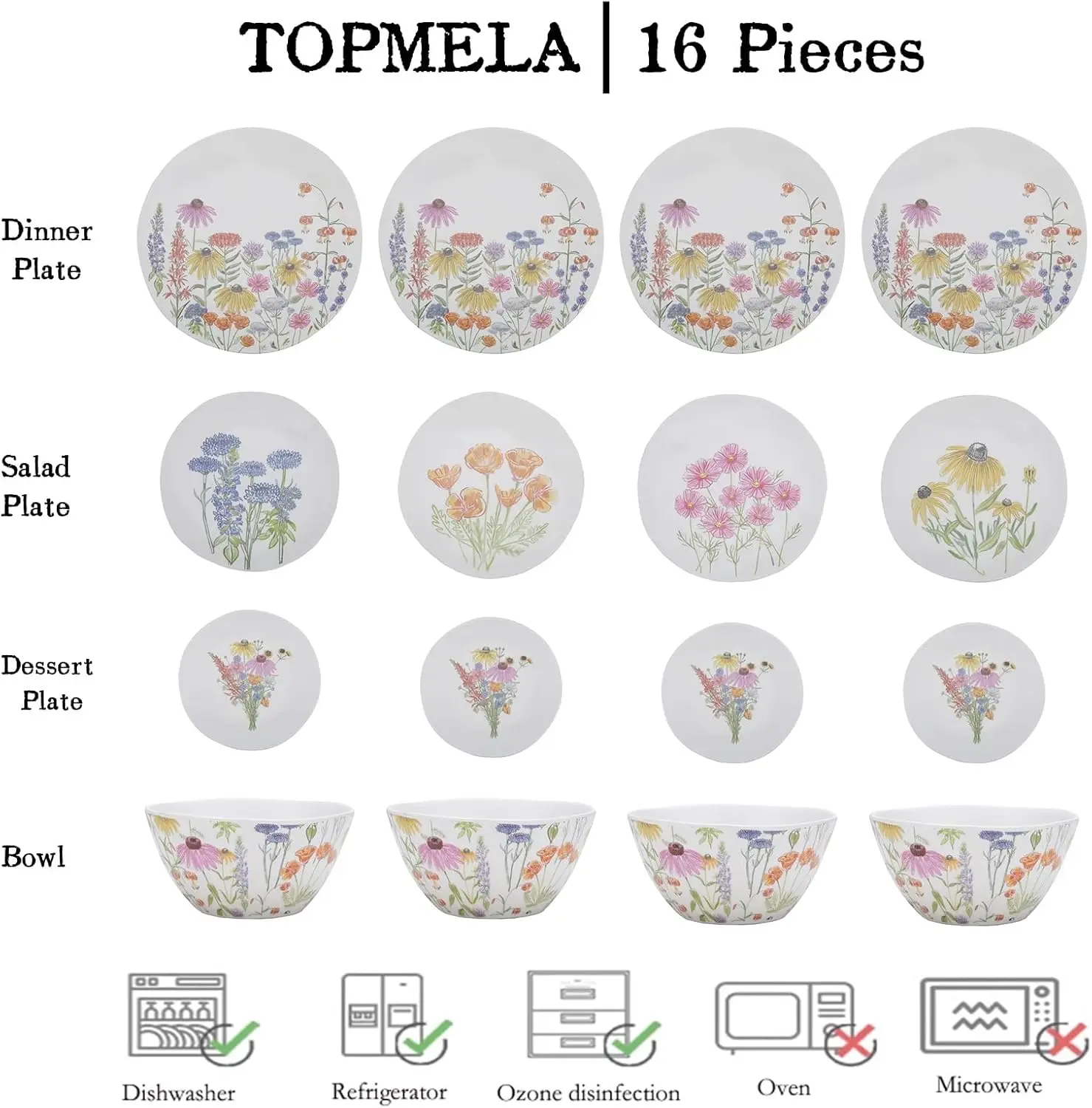 طقم أواني طعام من الميلامين الزهري، 16 قطعة لـ 4 أشخاص، أدوات مائدة للاستخدام الداخلي والخارجي، أطباق وأطباق غير منتظمة الشكل غير قابلة للكسر #2