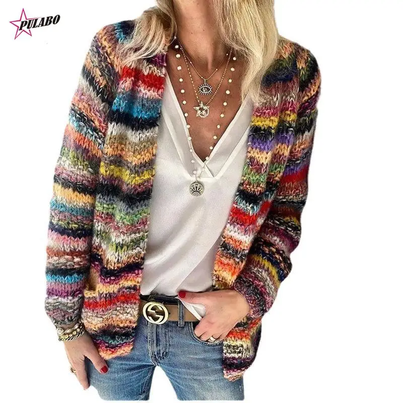 PULABO Women Elegant Multicolor Print Knitted Cardigans Sweater y2k Autumn Winter Long Sleeve Coat Tops Ladies Casual Pocket