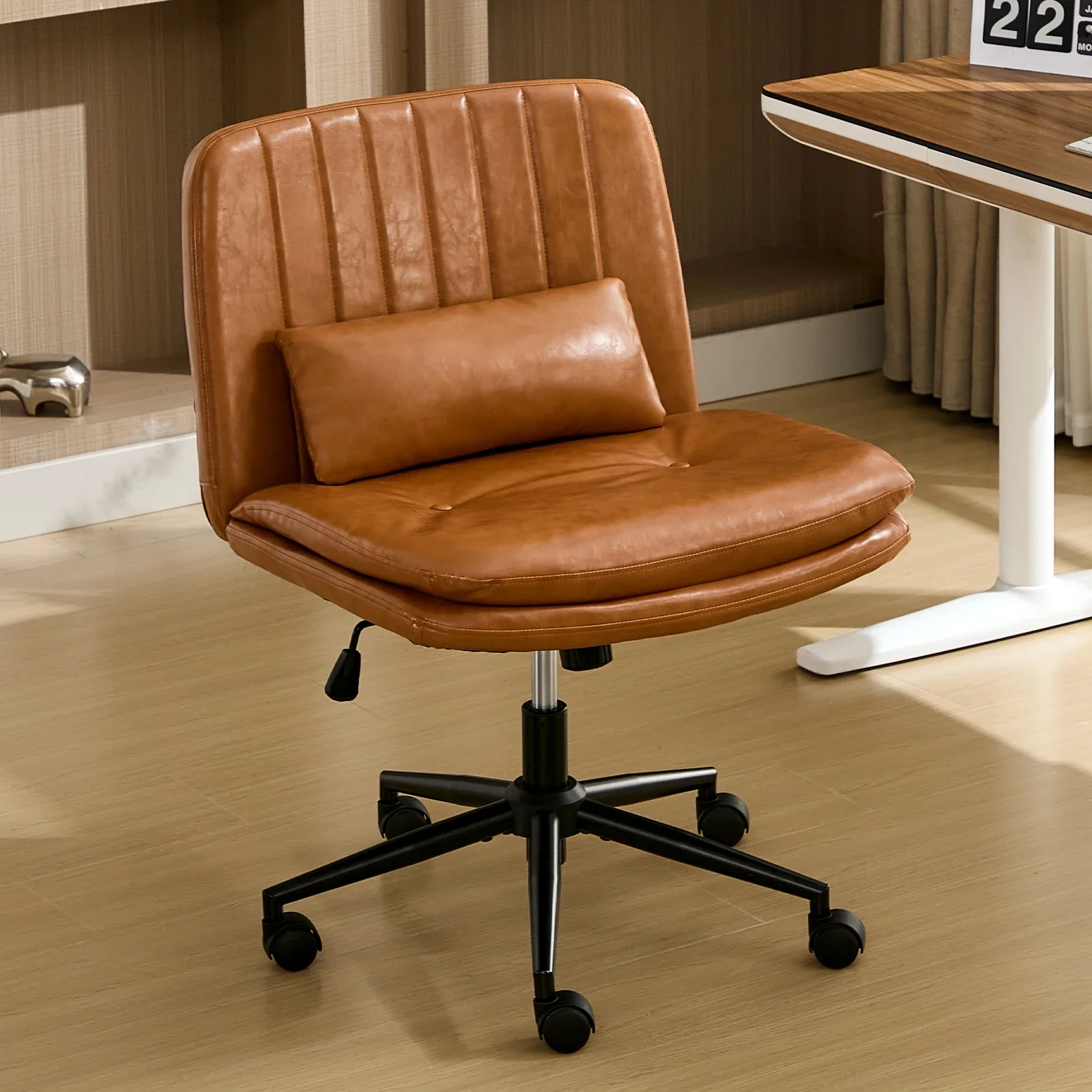 TCGBKAF Chaise de bureau marron sans accoudoirs, avec roulettes et coussin lombaire, pivotante et réglable, en similicuir