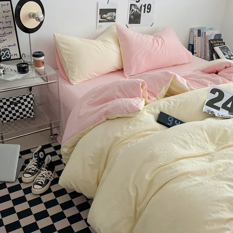 

Korean Bedding Sets Cream Pink Solid Color Quilt Cover and Flat Sheet Pillowcase INS Girls Bed Linen Twin Queen Full Size