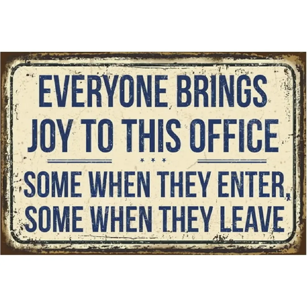 OfficeHumorVintageSign Lustiges Retro-Büro-Blechschild – „Jeder bringt Freude in dieses Büro“ Metallposter, niedliche Vintage-Wanddekoration