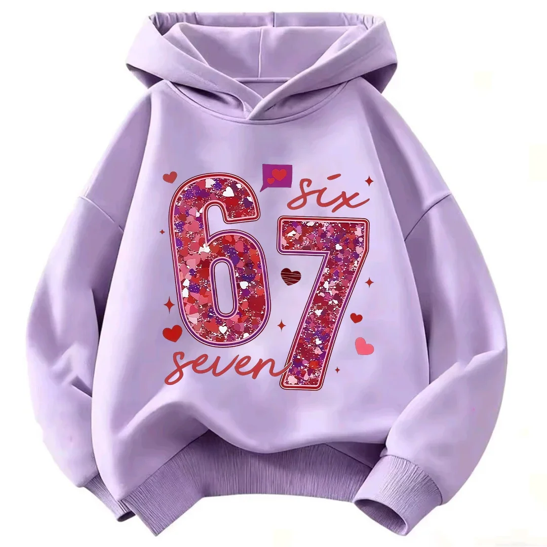 Kinder-Kapuzenpullover mit Glitzer, Nummer 67, Sechs, Sieben, Herz-Print, Langarm-Pullover, Sweatshirt für Mädchen, Lässige Herbst-Oberbekleidung – Detail 2