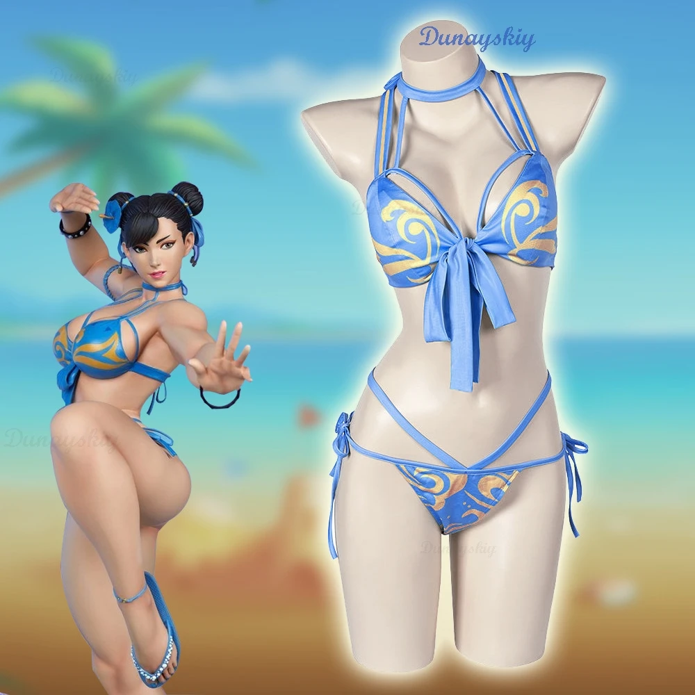 

Fighter Chunli Chun Li Косплей Костюм Парик Игра SF Ролевая Игра Бикини Купальник Наряд Кунг-фу Хэллоуин Необычные Сексуальные Платья Партии Костюм