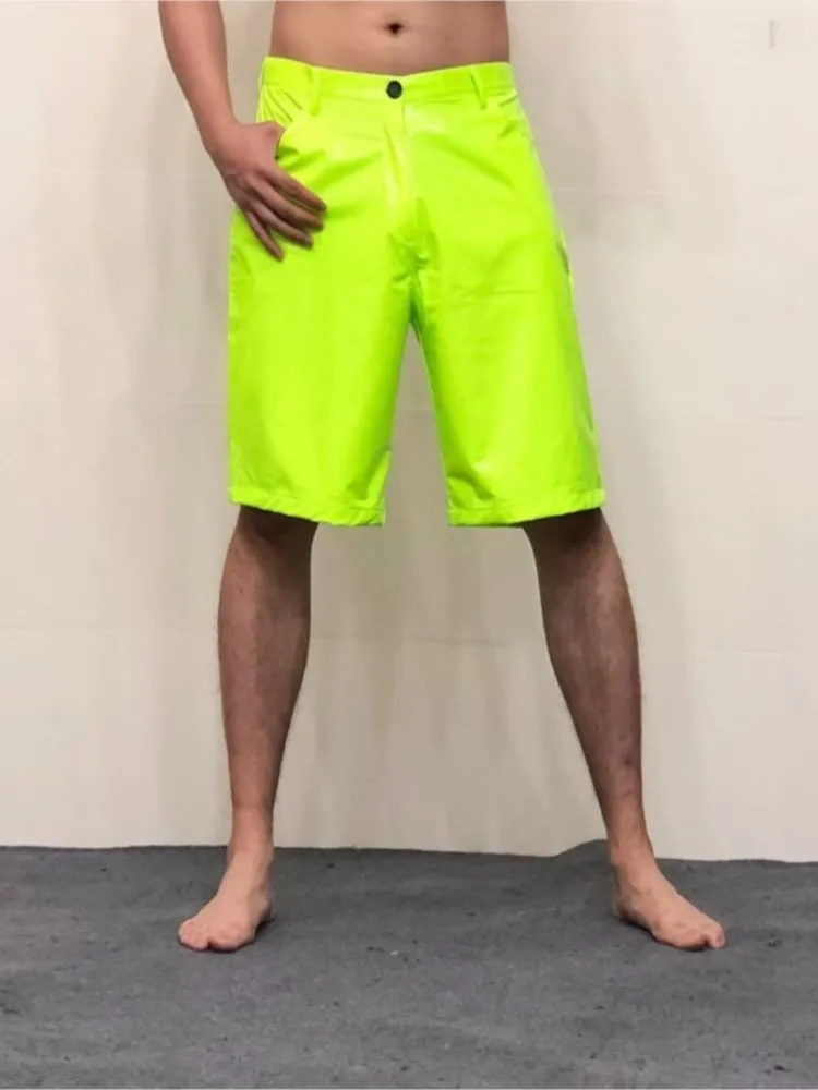  Knee Length Shorts Reflective PU Leather Cropped Pants 