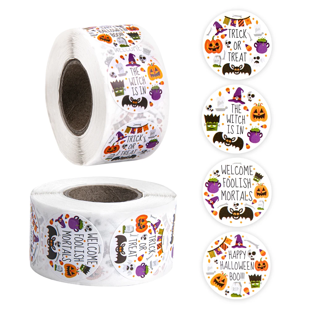 

500pcs Cute Trick or Treat Halloween Sticker Roll Labels with Pumpkin Ghost for kid Halloween Party Sealing candy bag Gift Decor