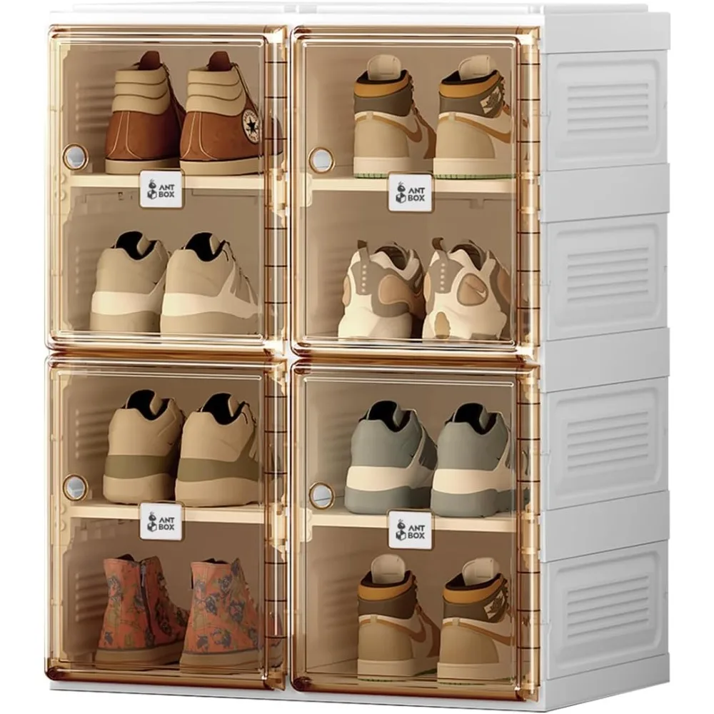 Shoe Organizer Storage Box, Portable Folding Shoe Rack with Magnetic Clear Door, Large Sneaker Cabinet Bins All-in-one Sturdy