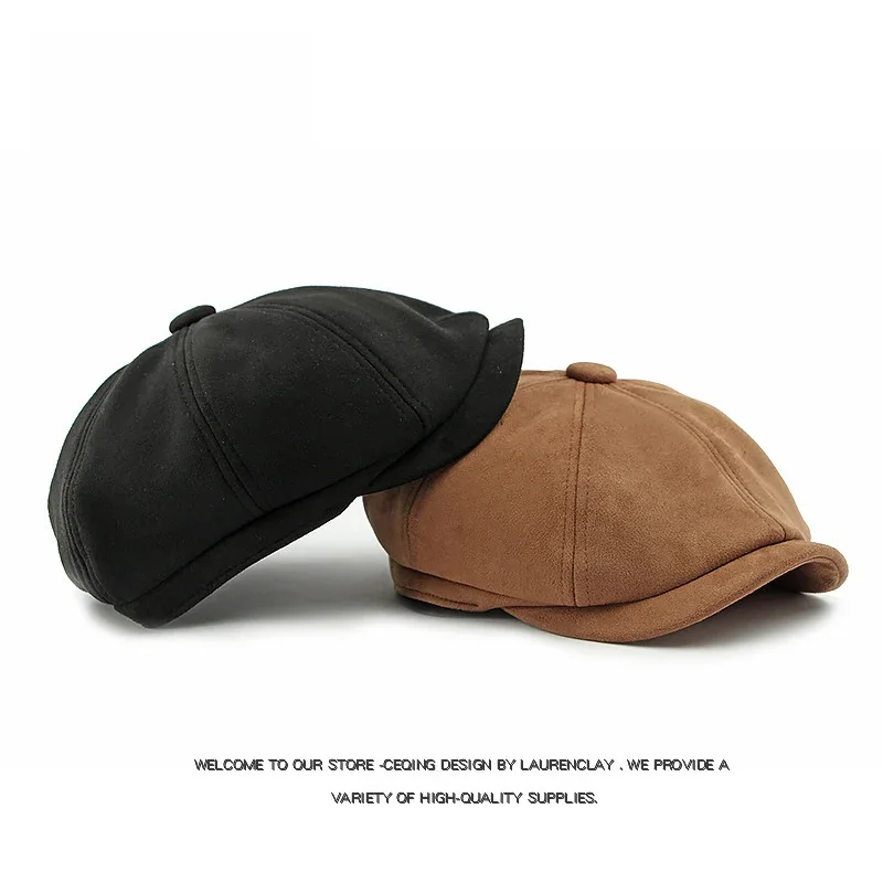 Mens Vintage Newsboy Cap Plush Suede Eight Panel Flat Hat Adjustable Peaked Beret Casual Retro Driving Hat Autumn Winter Wear