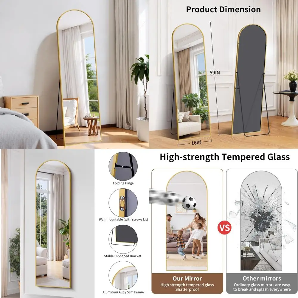 مرآة أرضية كاملة الطول مقاس 59 × 16، قائمة بذاتها أو مثبتة على الحائط، إطار من الألومنيوم، مثالية لغرفة النوم أو ديكور الحائط