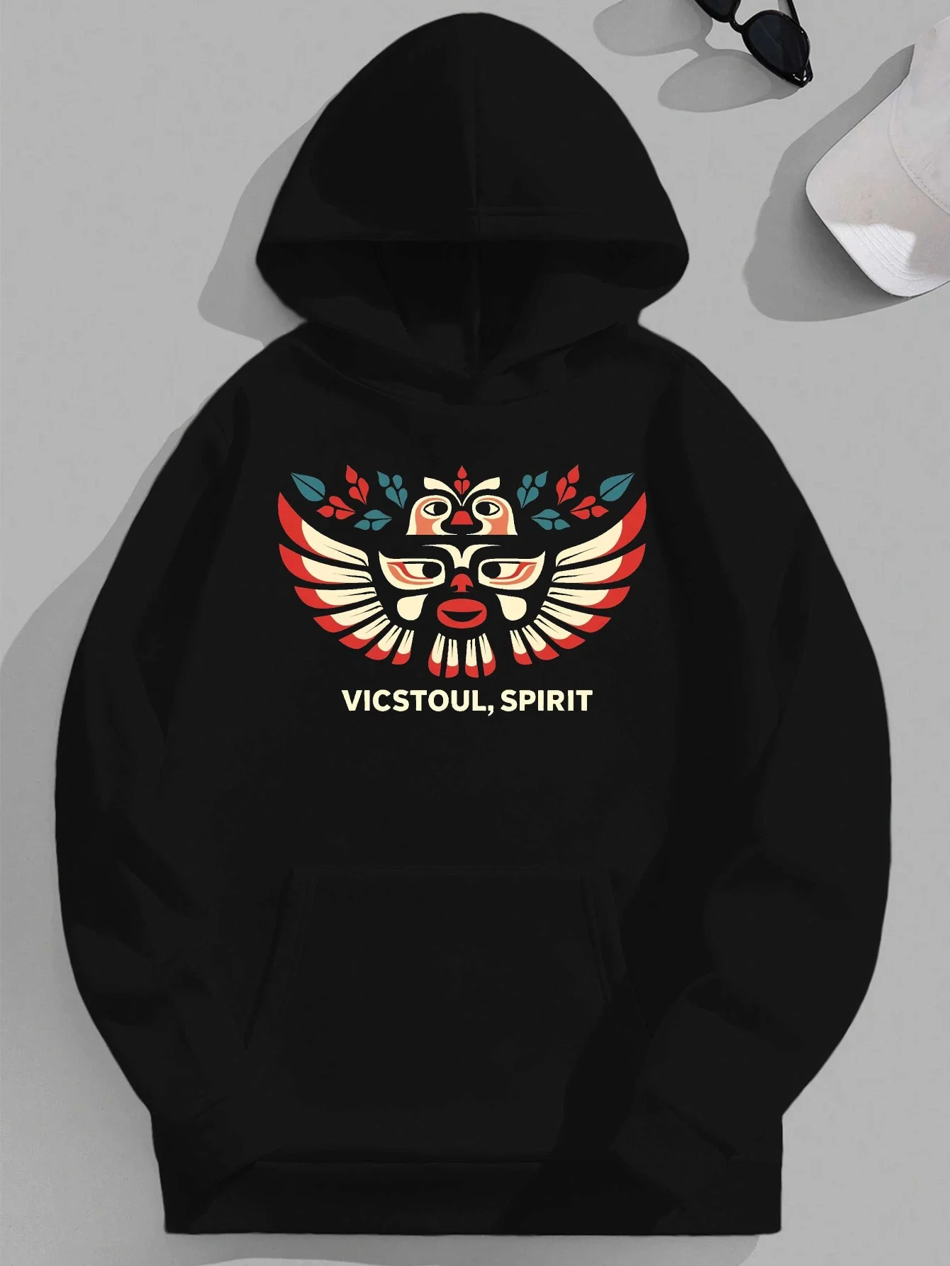 سويت شيرت بقلنسوة على شكل طائر السكان الأصليين للرجال مع بلوفر مطبوع عليه قبلي أحمر فيروزي ملابس ثقافية مريحة