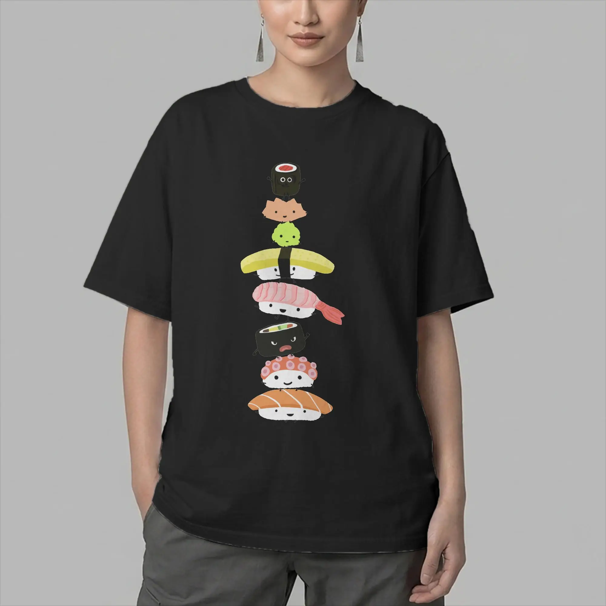 Sushi Stack Men's T Shirts Food Cute Japan Kawaii Sashimi Rice Cartoon Tees Short Sleeve O Neck T-Shirt Pure Cotton New Clothing