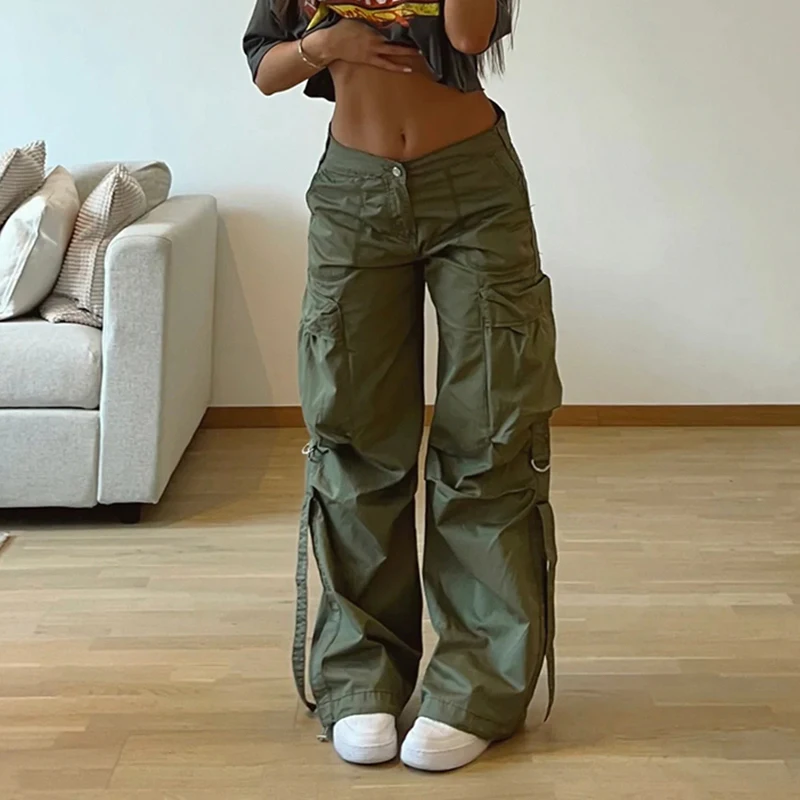 Darlingaga Streetwear Basic Buckle Cargo Pants Women Solid Straight Leg Big Pockets Baggy Trousers All-Match Y2K Sweatpants Chic