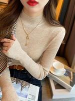 Autumn Winter Mock Neck Women Sweater Vintage Basic Solid Knitted Korean Tops Casual Slim Pullover Sweaters Simple Chic Jumpers