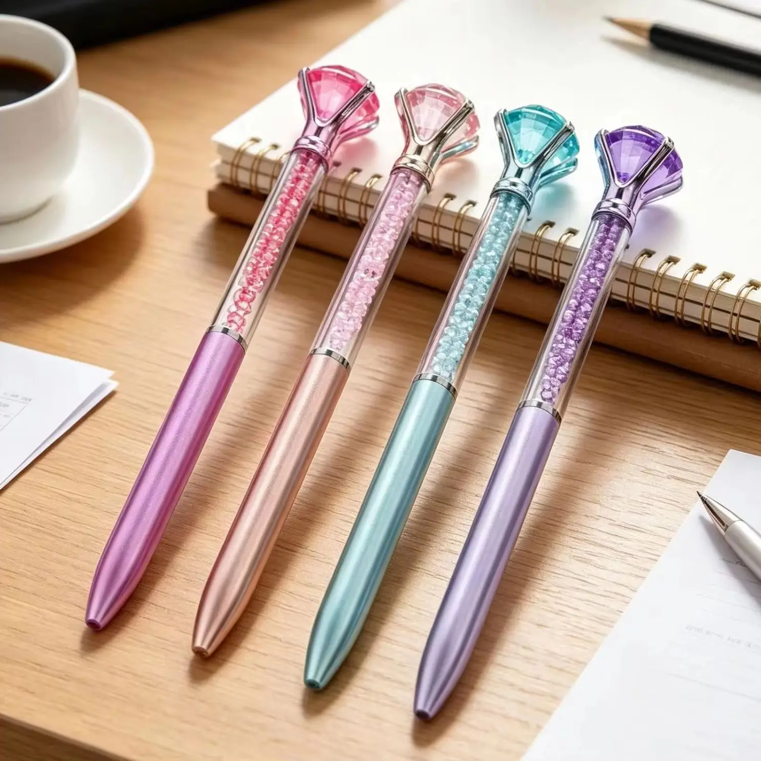 4Pcs/Lot Cute Diamond Ballpoint Pen Rotation Blue Black Ink Crystal Flowing Drill Office Signature Gel Pens School Stationery