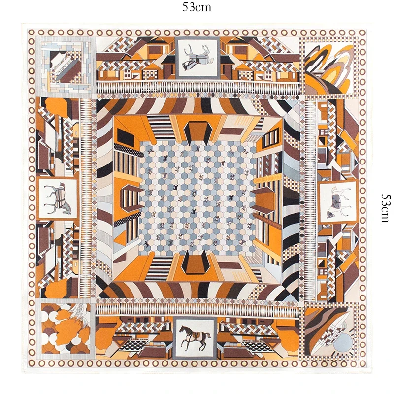 100% Mulberry Silk Scarf 53cm Horse Print Square Scarf Women Neck Scarf Multi-use Office Daily Travel Hair Band Bag Decor