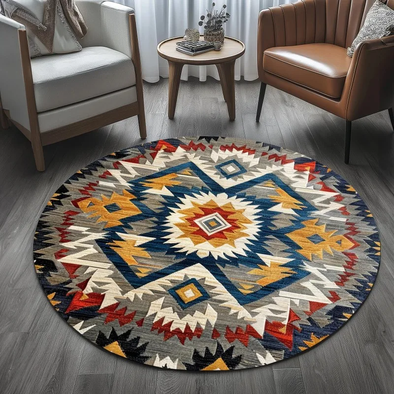 Bohemian Tribal Round Rug Southwest Inspired Aztec Print Mat for Rustic and Ethnic Home Decor