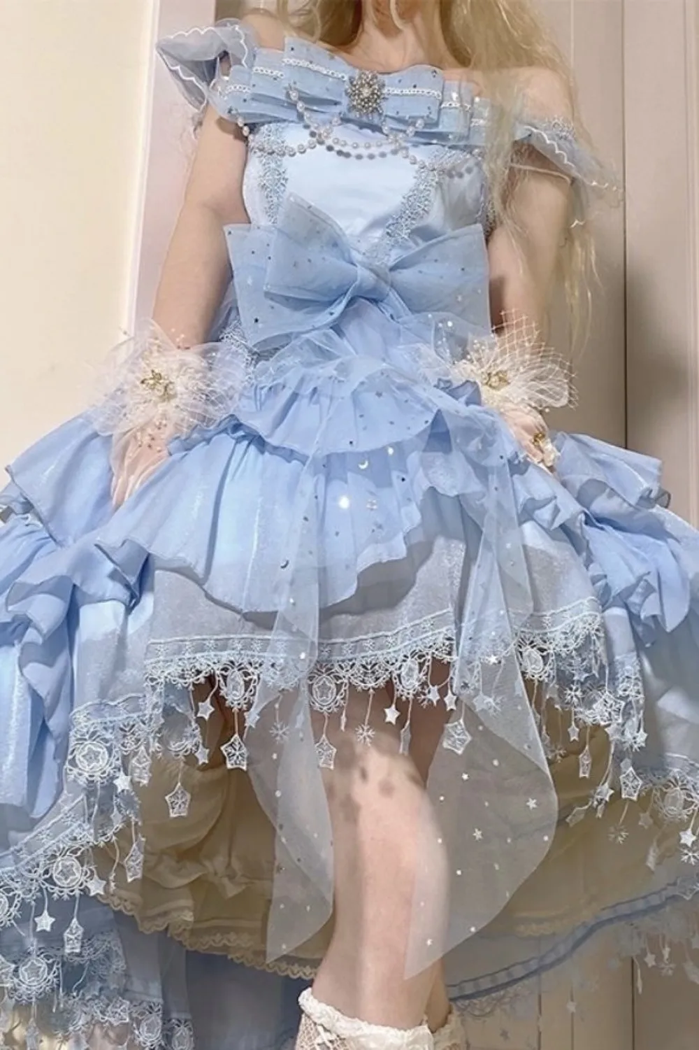 Palace Ball Cosplay Elegant Flower Wedding Sweet Girl Lolita Op Bow Pearl Snowflake High Waist Mesh Star Lace Princess Dress