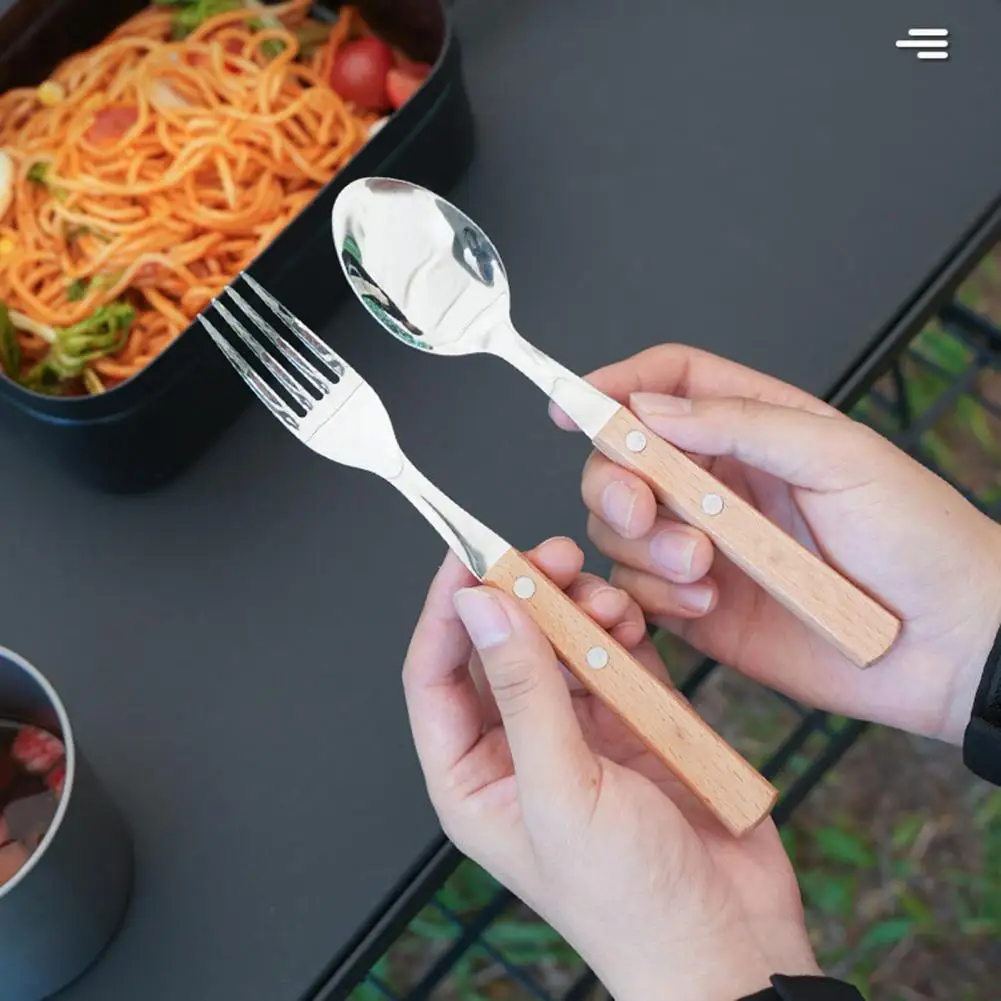1/2Pcs Stainless Steel Folding Fork Spoon With Wooden Handle Portable Outdoor Camping Picnic Hiking Food Grade Collapsible