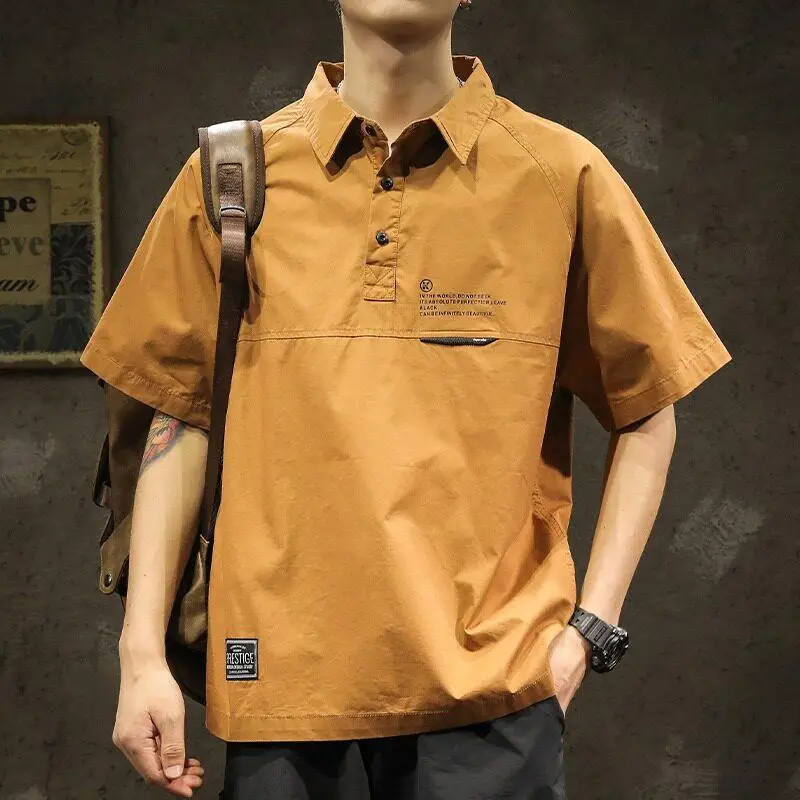

Summer 2026 Men's Loose Fit Ice Silk Shirt Short Sleeve Turn-down Collar Patchwork Workwear Casual Style Polyester Fiber