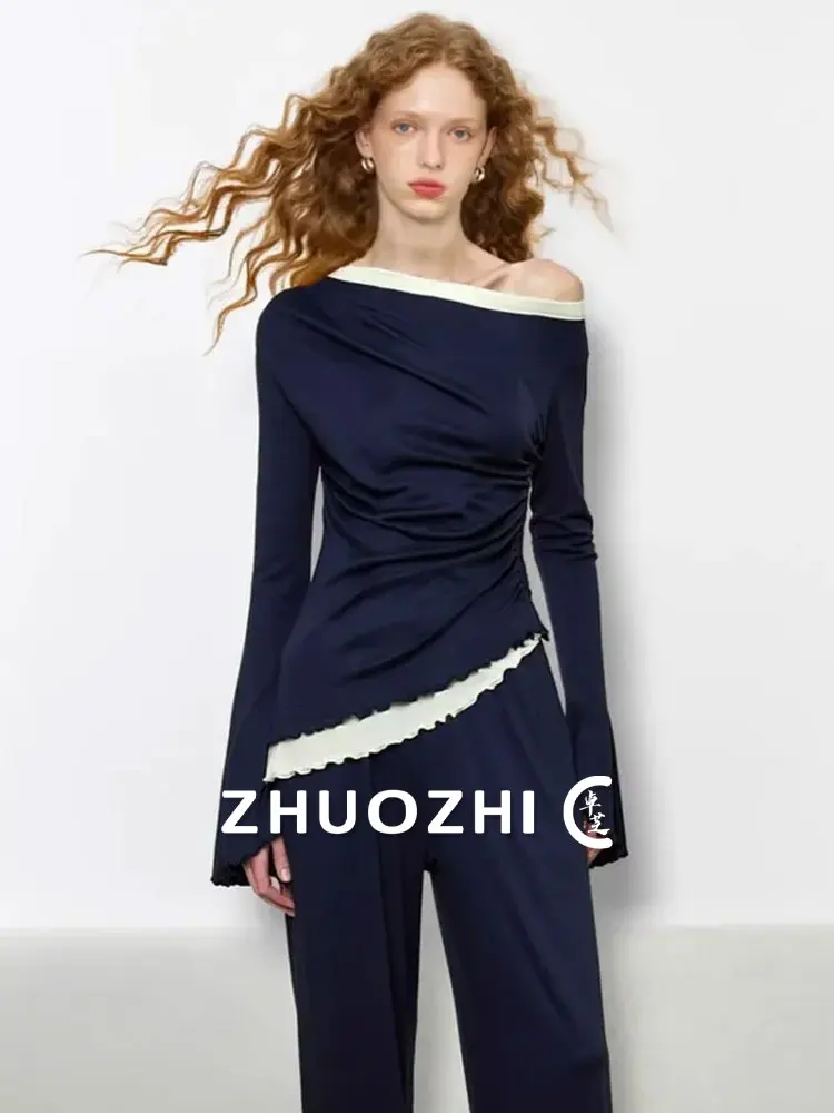 

Женский топ с цветными блоками, расклешенными рукавами, асимметричным подолом и завязками, осенняя новинка, приталенный крой