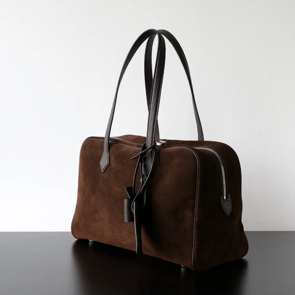 High Quality Light Luxury Matte Cowhide Boston Tote Bag Shoulder Portable Travel Bag Large Capacity Casual Versatile Unisex