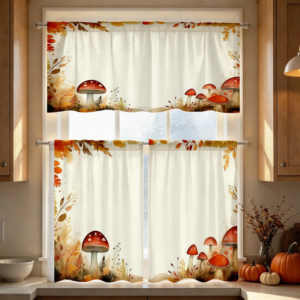 Thanksgiving Fall Kitchen Curtains, Watercolor Mushroom, Digital Print, Kitchen Dining Room, Rod Pocket Polyester, Home Decor