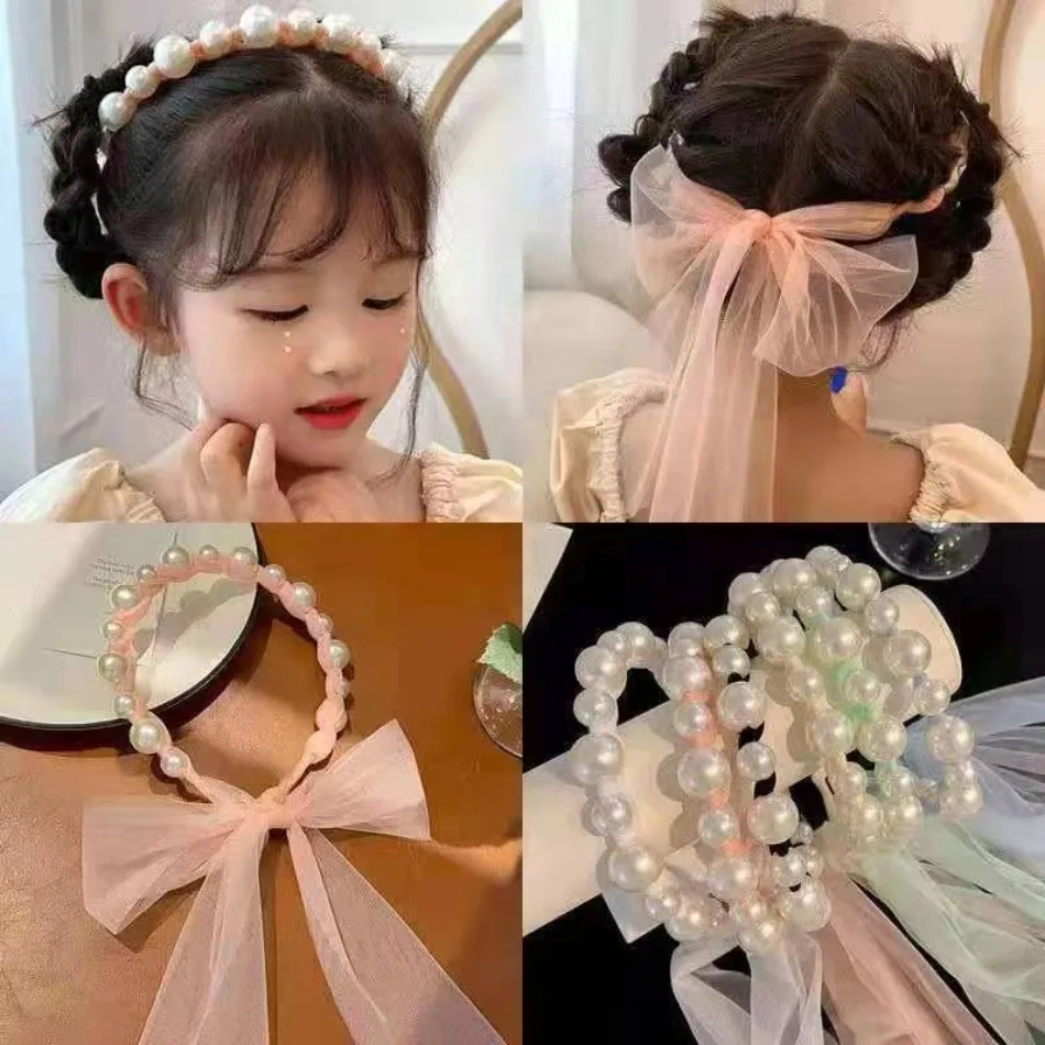 

New Kids Girl Pearl Headband Children Streamer Hair Accessories Baby Cute Princess Bow Headwear Newborn Hairpin Toddler ZY02