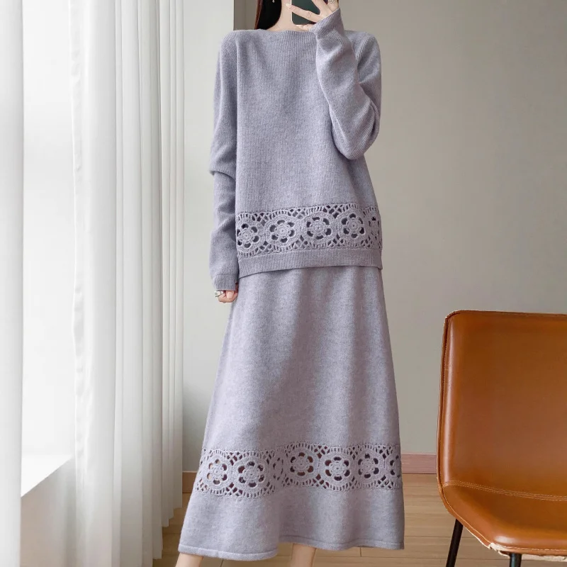 

Wool Hollow Out Fashion Set Women's Clothing Round Neck Pullover Sweater Knitted Skirt Two-Piece Setshort skirt dress