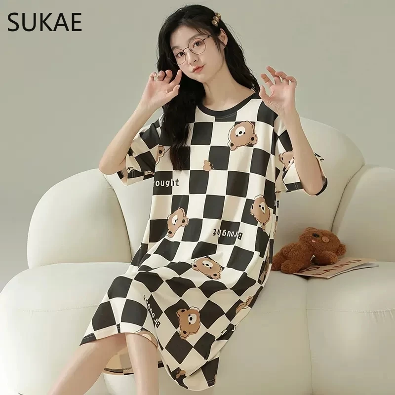 SUKAE Plus Size M-5XL Woman Nightdress Summer Women Sleepshirt 100% Polyester Milk Silk Short Sleeves Sleep Top Casual Sleepwear