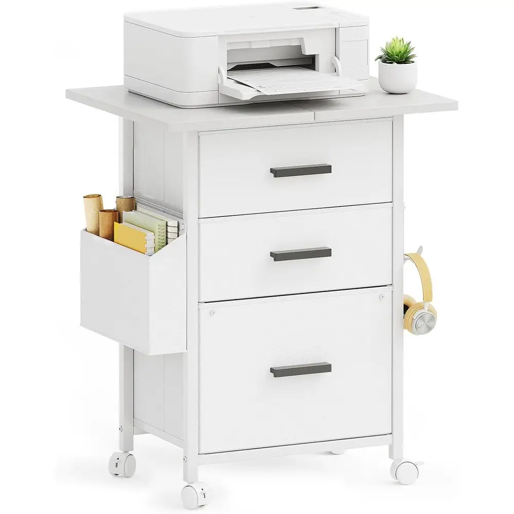 

24 Extended Desktop Mobile Filing Cabinet, Printer Stand, Rolling Stand with Side Bag, A4 Size, Home Office, White