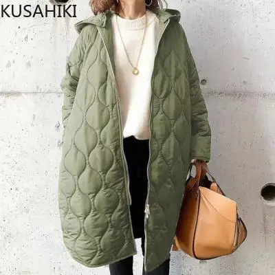 KUSAHIKI donne Parka 2023 autunno inverno nuovo Argyle con cappuccio Parka cappotto causale medio-lungo cerniera moda Outwear giacca top