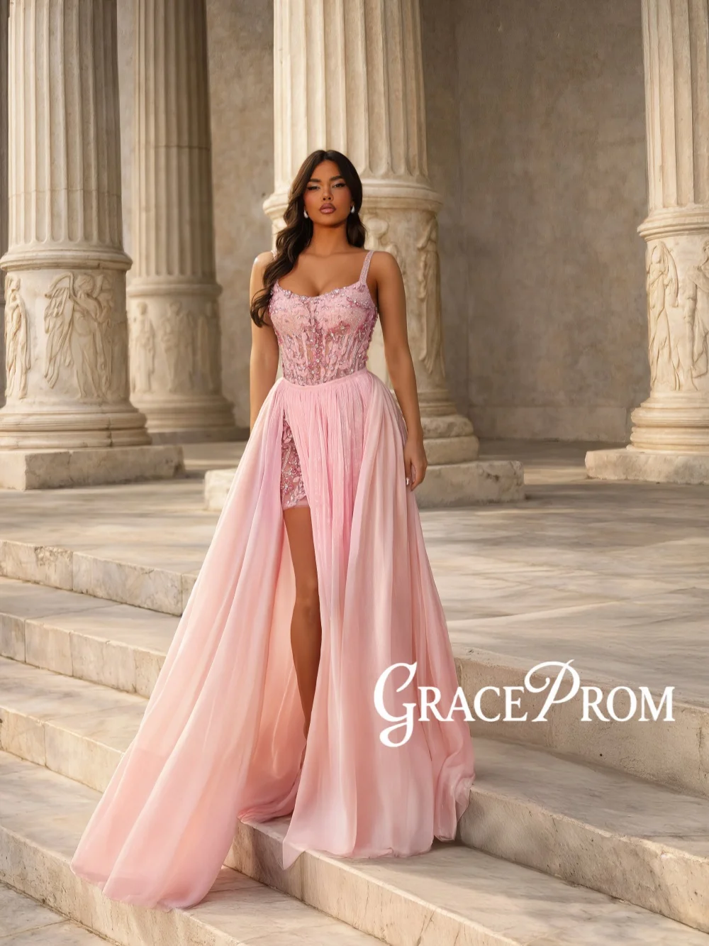 

Detachable Train Pink Appliques Evening Dress Luxury Beaded High Slit Wedding Party Gowns Customized Captivating Banquet Gowns