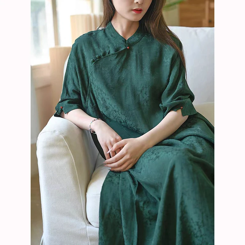 

Spring Summer New Chinese Style Women Half Sleeve Loose A-line Dresses Improved Qipao Vintage Button Jacquard Long Dresses JM78