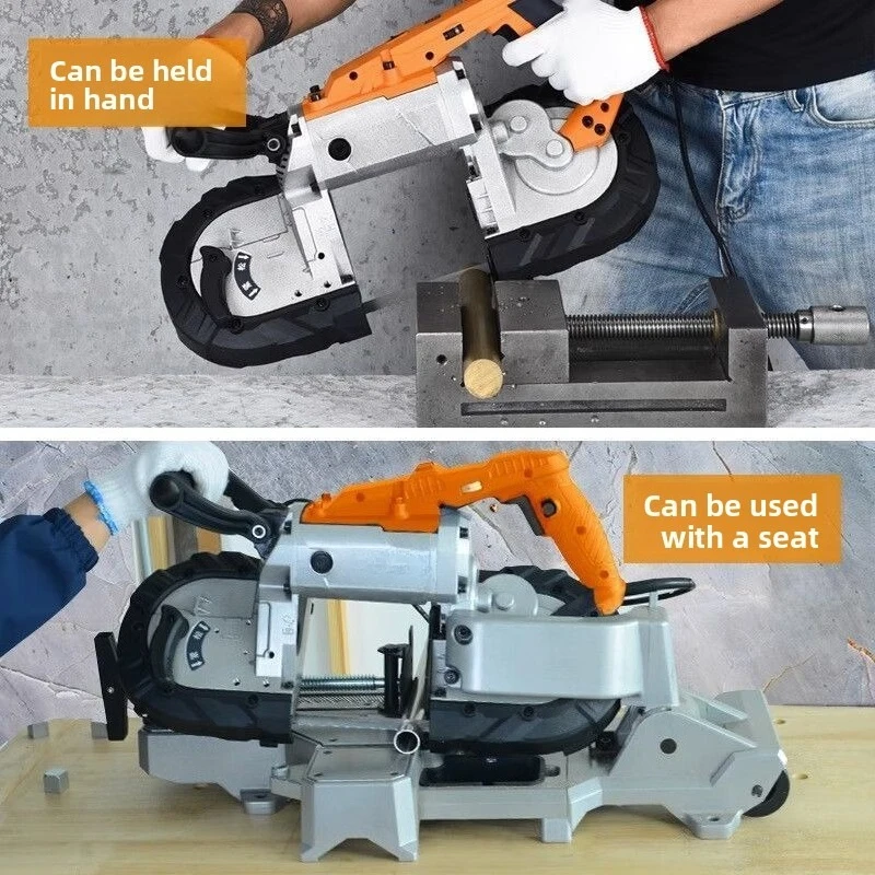 Portable industrial metal band saw, handheld 1100W motor/engine with manual tensioner, removable base