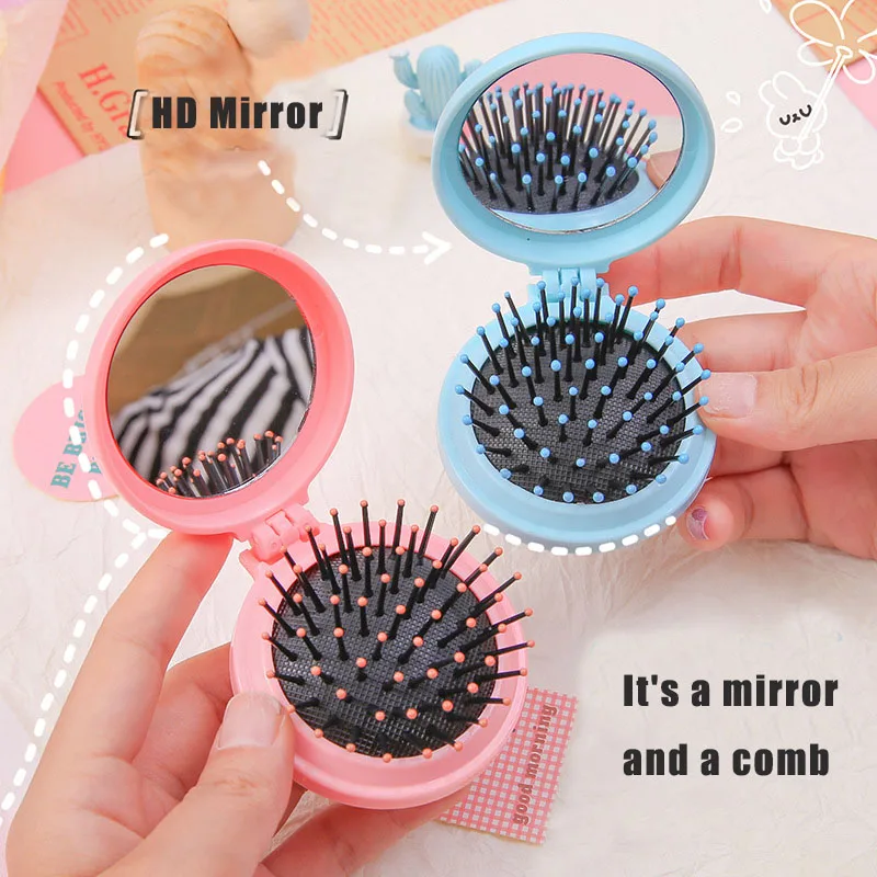 1pc Round Portable Hair Comb Airbag Mirror Integrated Mini Carry it with you Folding Comb Scalp Massage Brush Travel Essentials