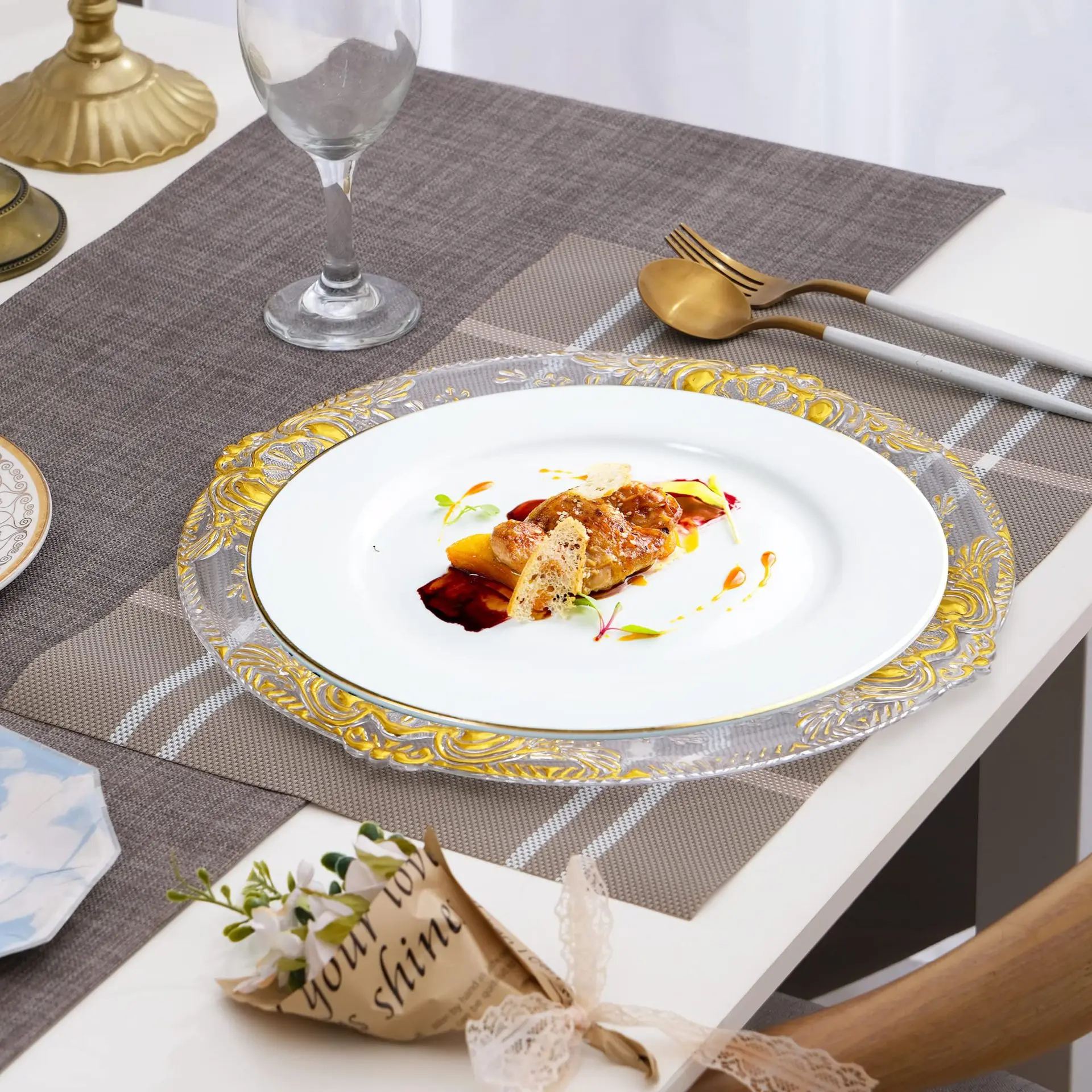 13Inches Crystal Charger Plate Plastic Decorative Service Plate Gold Silver Dinner Serving Wedding  Decor Table Place Settin image 3