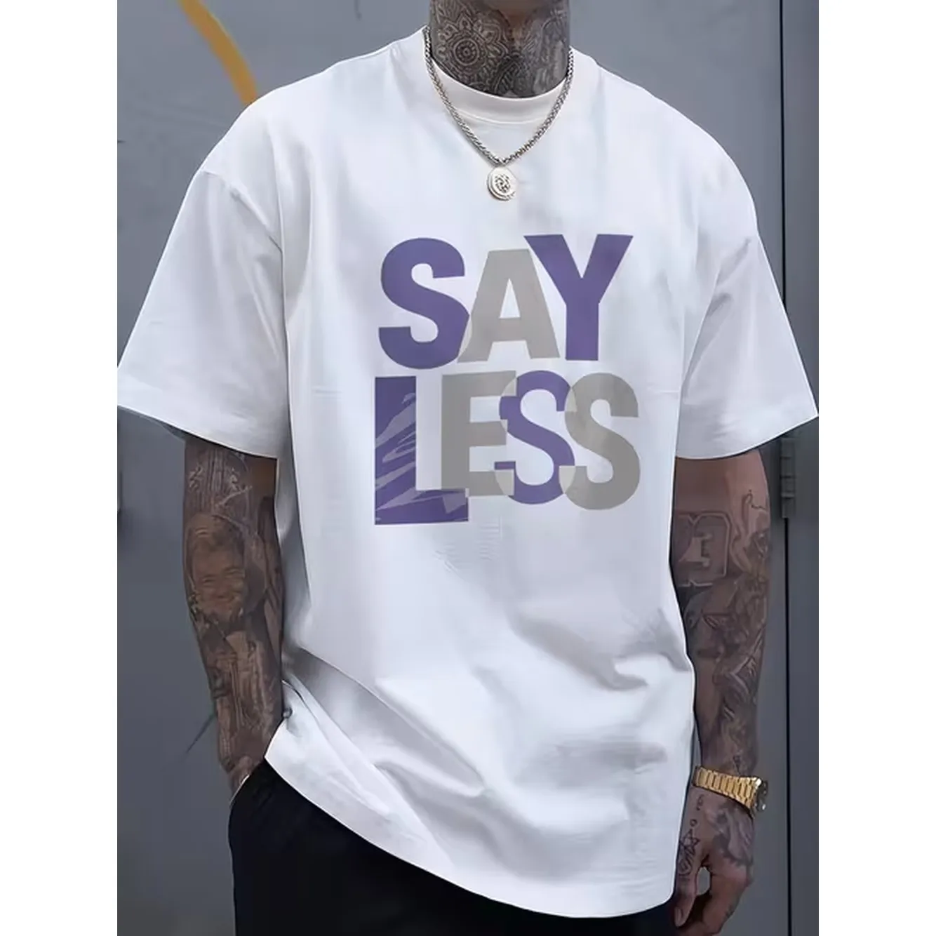 Plus Size Mens Black T Shirt Purple And White Print Suitable For Casual Wear