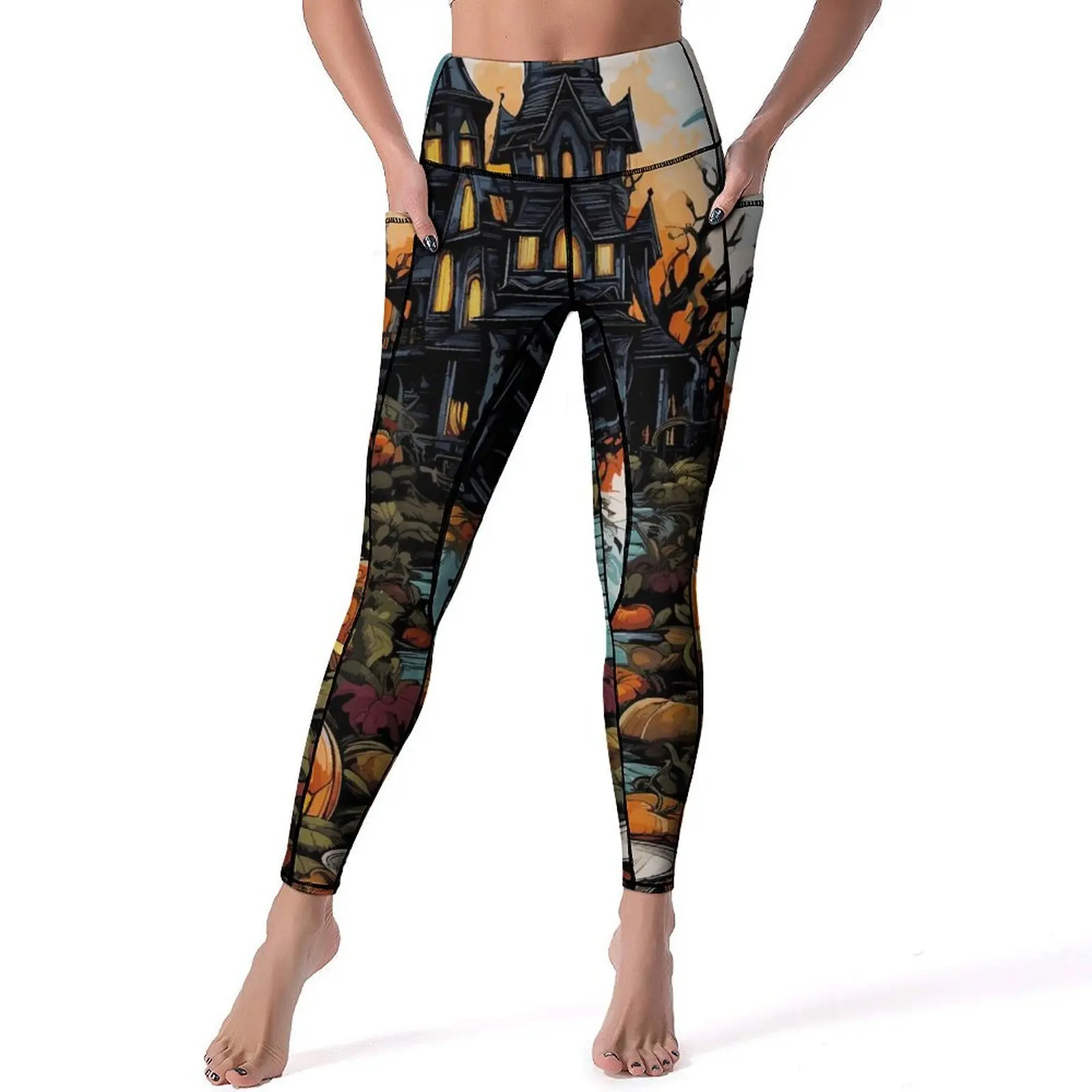 

Vegan Haunted Mansion Yoga Pants Sexy Spooky Halloween Leggings High Waist Workout Leggins Female Fashion Stretch Sports Tights