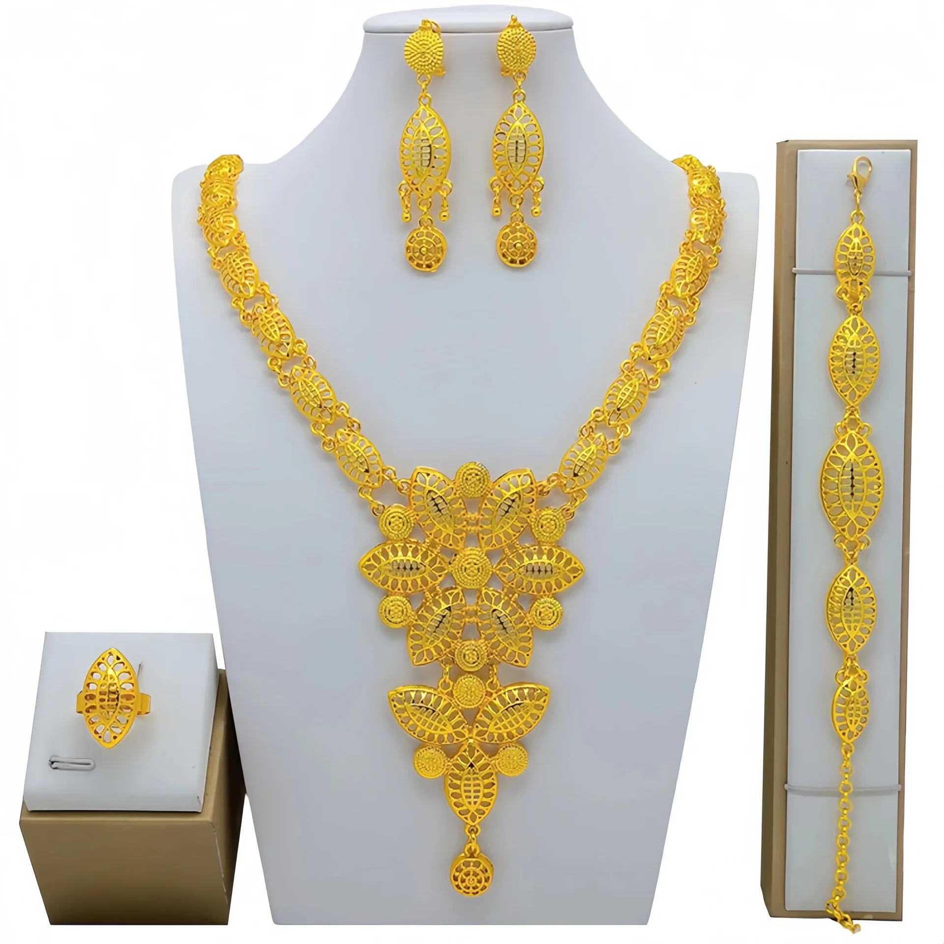 Imagem -04 - Dubai 24k Banhado a Ouro Conjunto de Jóias Colar de Casamento da Noiva Pulseira Brincos Anel Bu10253