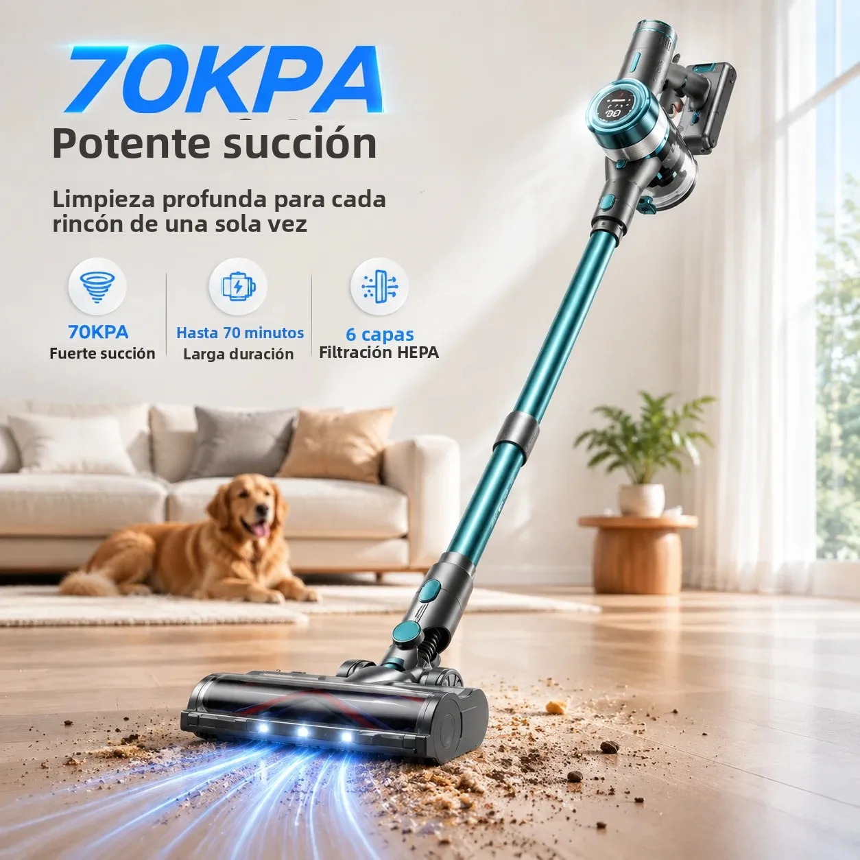 Aspiradora inalámbrica para el hogar, aspiradora escoba 70 kPa 650 W con 70 minutos de autonomía, 3 modos de succión, función de posición