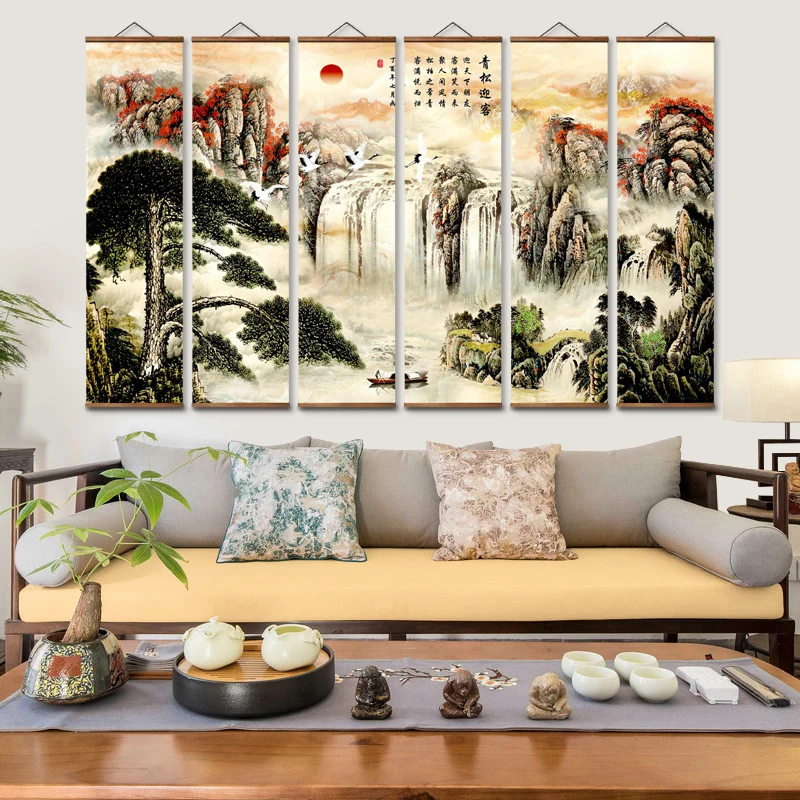 

AS2015 Chinese Welcome Loose Landscape Decorative Wall Art Canvas Posters Solid Wood Scroll Paintings