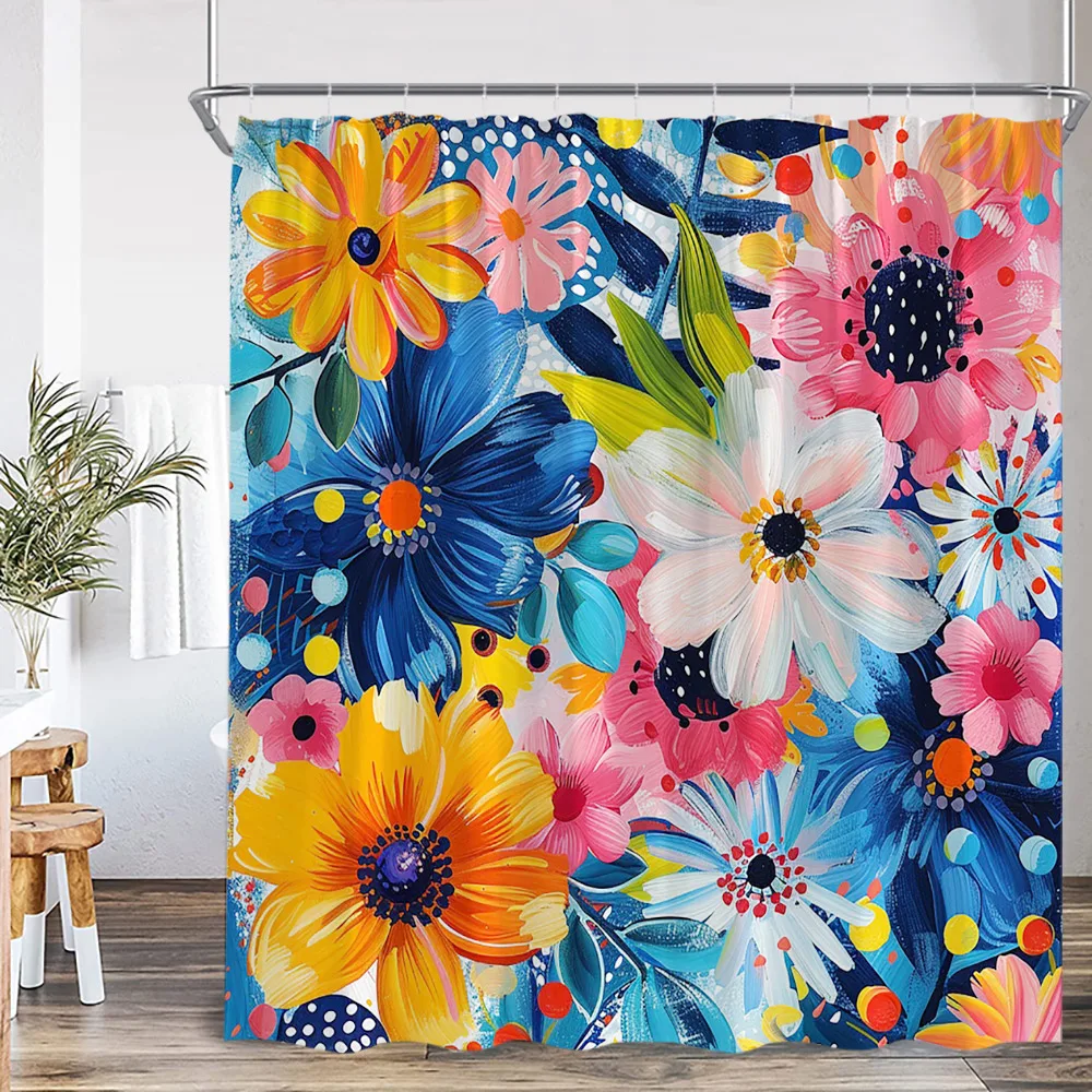 

Floral Boho Shower Curtain Colored Flower Green Leaf Plant Vintage Dark Bath Curtain Polyester Fabric Bathroom Decor with Hook