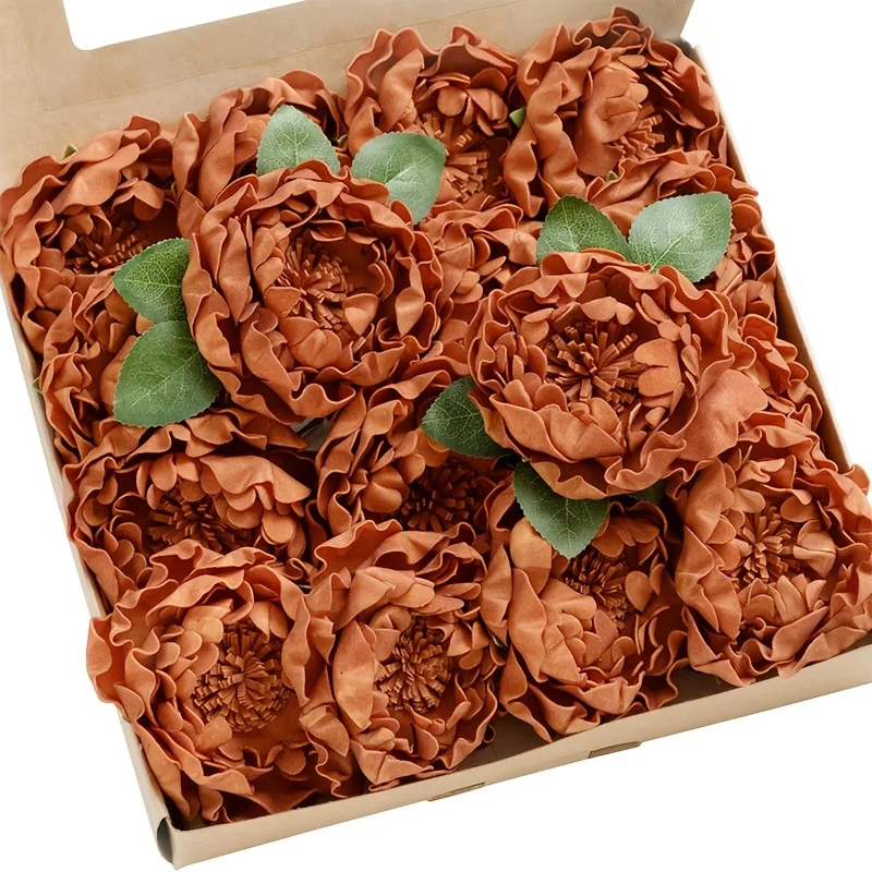 16 pièces de pivoines artificielles en fleurs de rouille orange brûlée avec tige, fleurs de pivoine artificielles pour bricolage décorations de mariage cent
