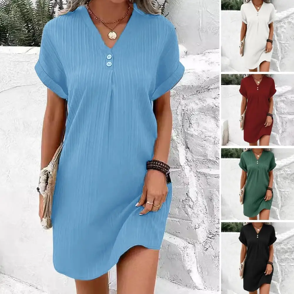 Moda camisa vestido para mulheres solto manga curta com decote em v botão design vestidos casuais cor sólida pulôver casual mini vestido
