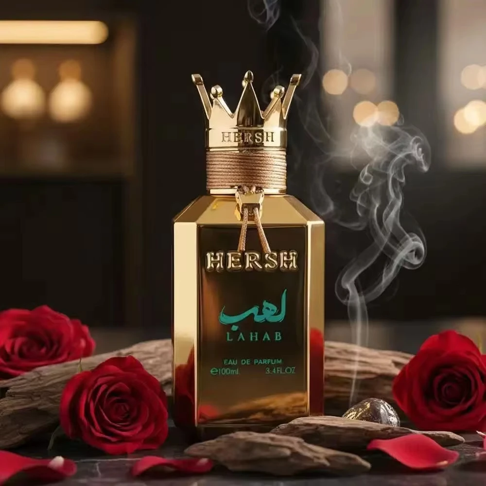 

HERSH LAHAB Eau de Parfum 100ML, Luxury Arabic Oud Fragrance for Men, Long-Lasting Spicy Woody Scent, Crown Cap Gold Bottle, Ide