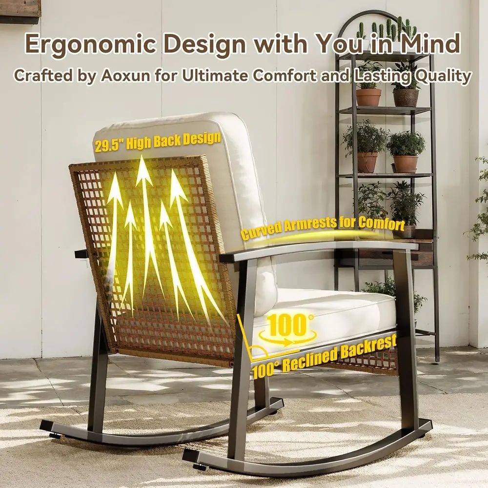 3-Piece Outdoor Rocking Bistro Set, Patio urniture Set with Coee Table and Thick Cushions, Wicker Rocking Chairs Set o 2 or Gard view 3