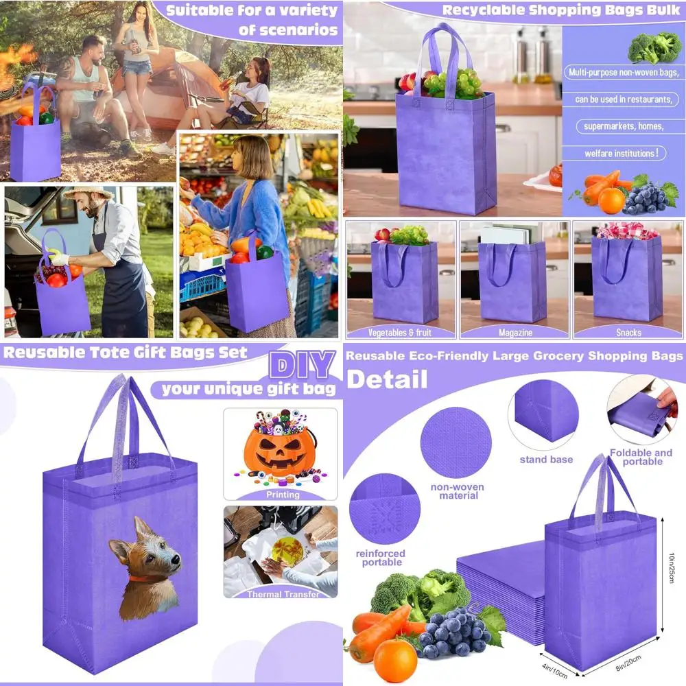

Purple 200-Pack Reusable Tote Bags, 8x4x10 Inch Non-Woven Shopping Bags with Handles, Ideal for Christmas and Grocery Shopping
