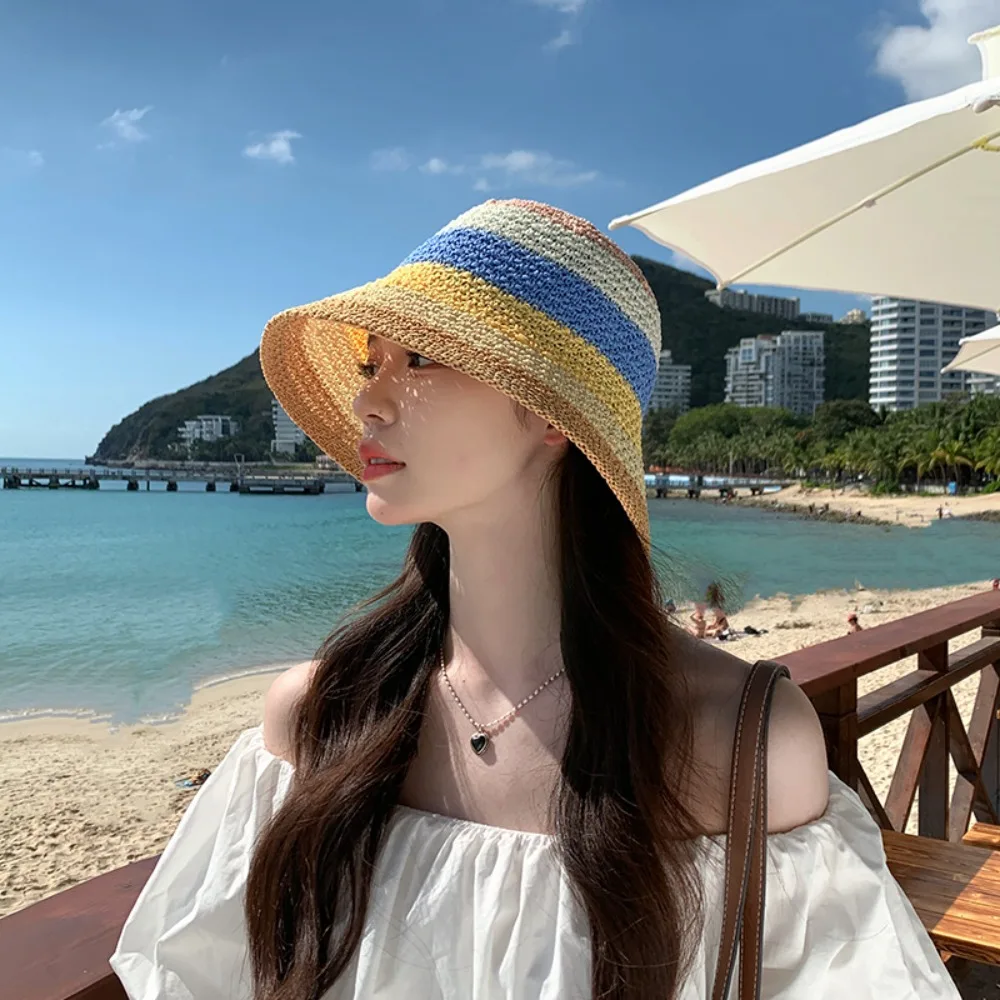

Adjustable Shade Sun Caps Rainbow Straw Hat Stripe Wide Brim Sunscreen Bucket Hat Sunscreen Beach Hats Beach Fisherman Hat Girls